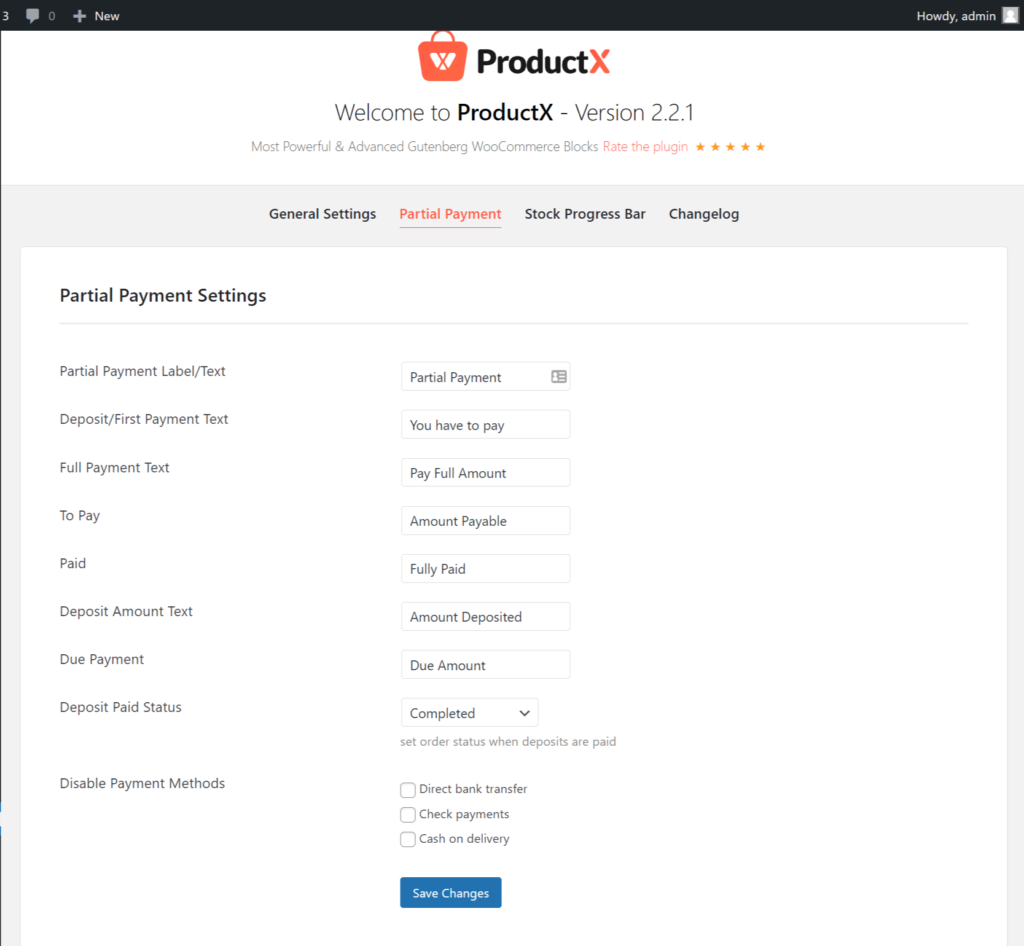 ProductX Partial Payment Settings 