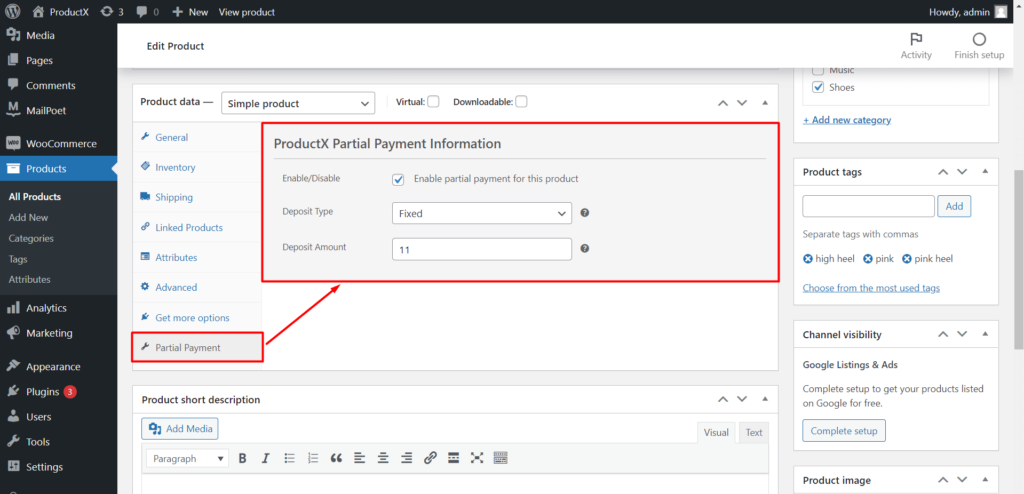 ProductX Partial Payment Back-end View 