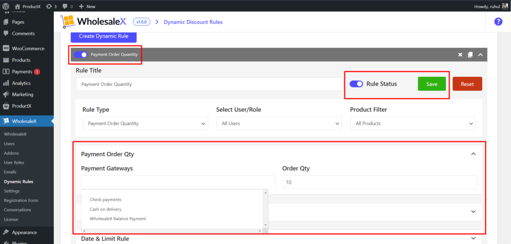 Payment Order Quantity Settings and Rule Applying