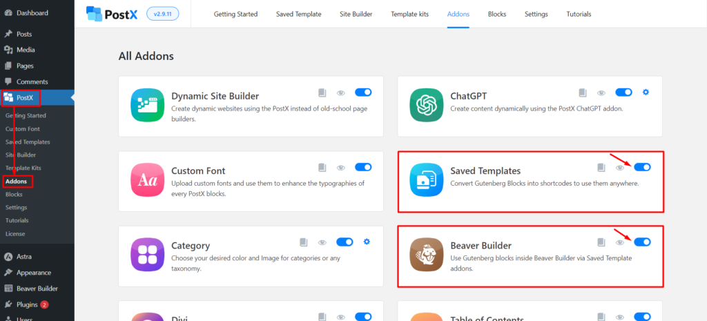 Enabling Saved Template and Beaver Builder Addon