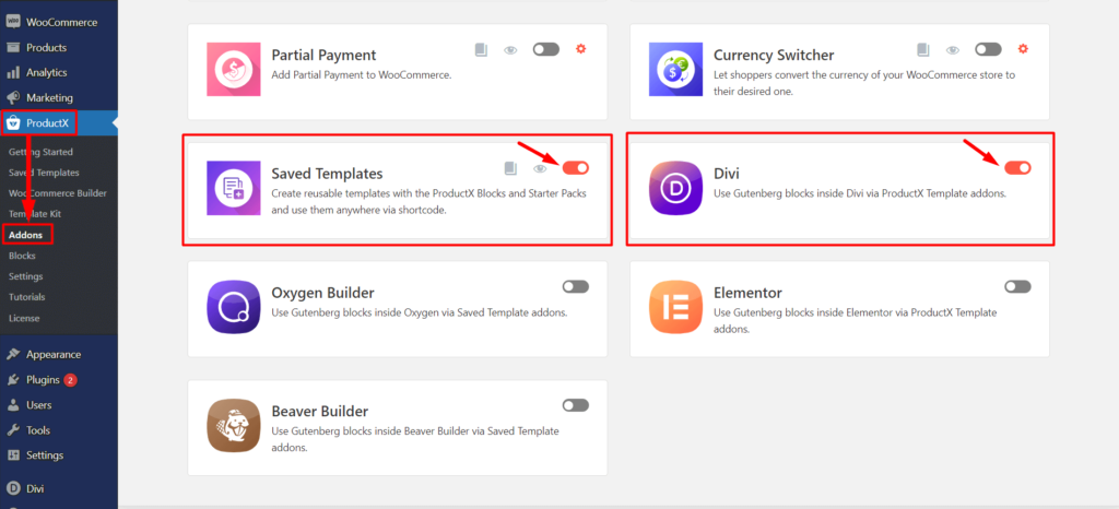 Enable Saved Template and Divi Addon for ProductX